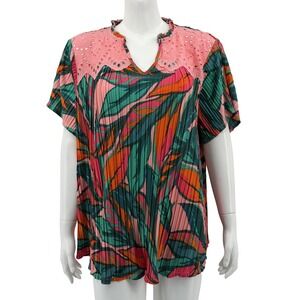 Rio & Rian Top Womens 2X Coral Green Floral Pleated Eyelet Boho Tropical Stretch
